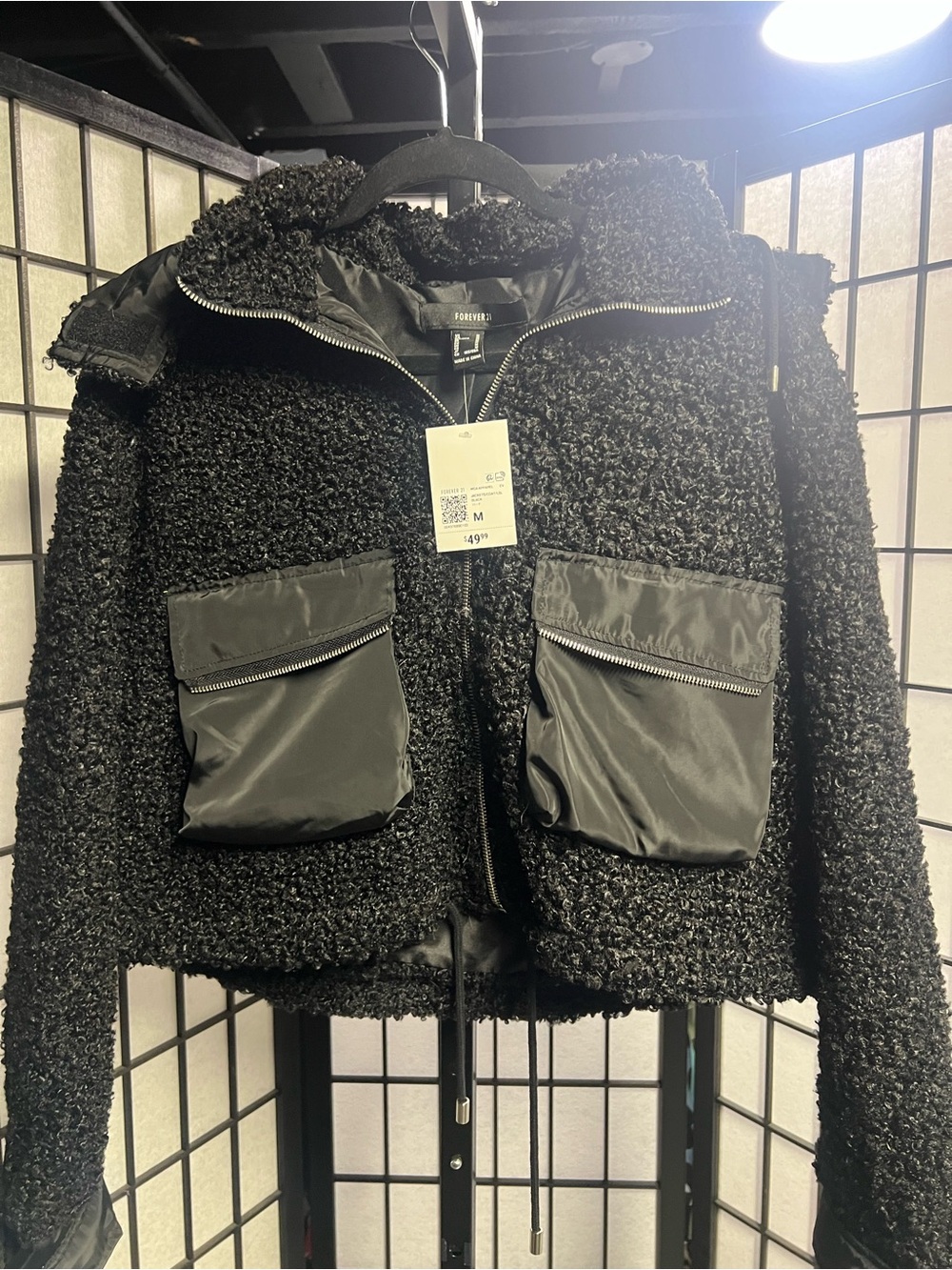 Forever 21 Black Teddy Sherpa Zip Jacket with Utility Pockets